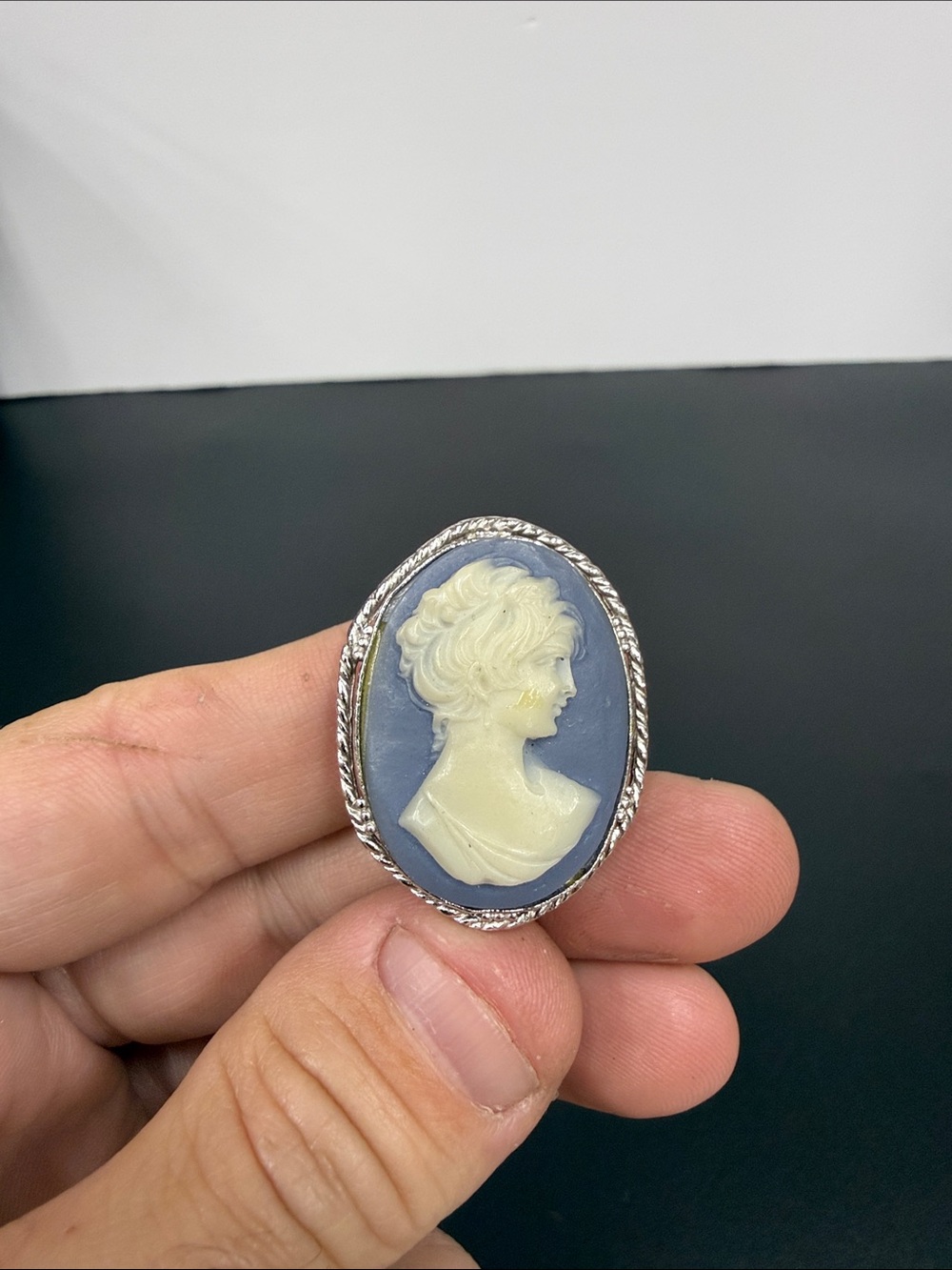 Classic Blue and Cream Cameo Brooch Pin - Unbranded